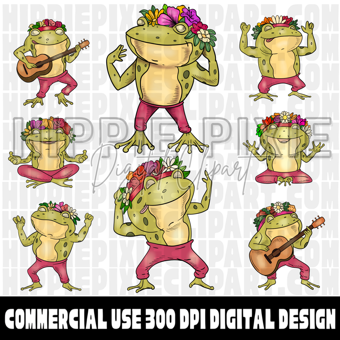 Groovy Retro Hippie Frogs Hand Drawn Digital Clipart Bundle