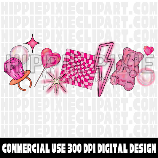 Pink Iridescent Retro Hand Drawn Digital Clipart Bundle