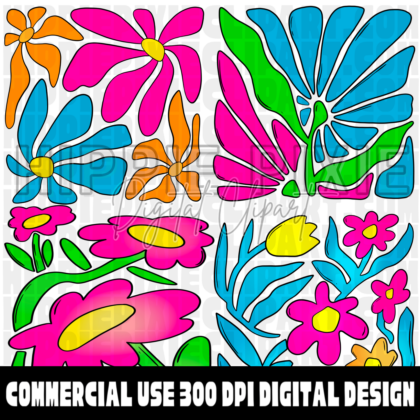 Abstract Flowers Hand Drawn Digital Clipart Bundle