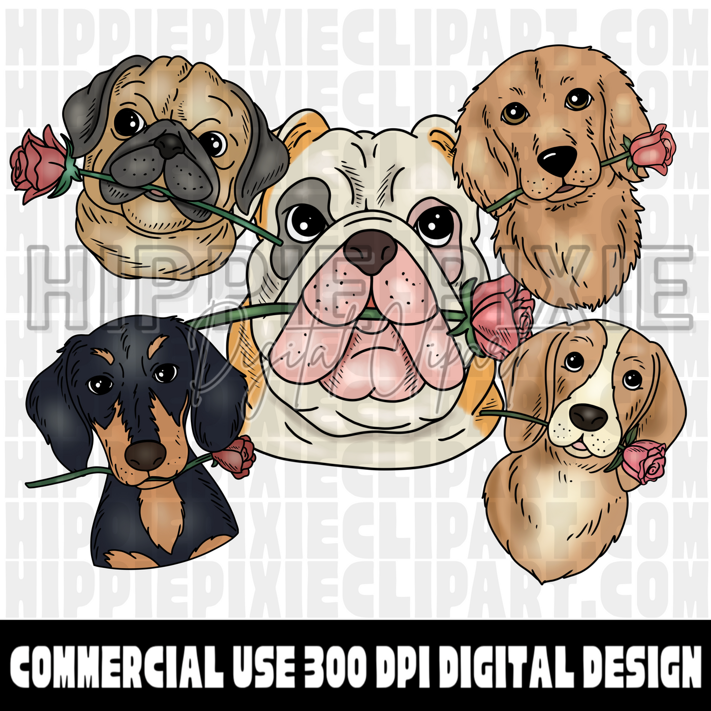 Romantic Dogs Hand Drawn Digital Clipart Bundle