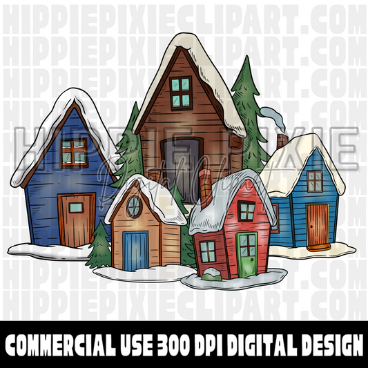 Winter Cabins Hand Drawn Digital Clipart Bundle